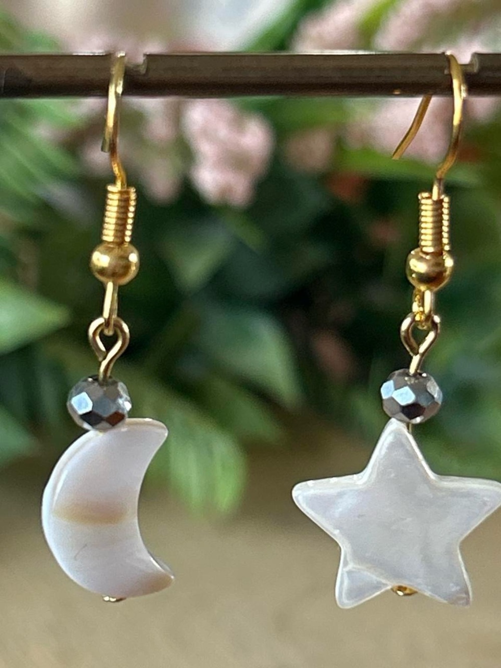 Gold Hook Moon & Star Shell Drop Earrings - White